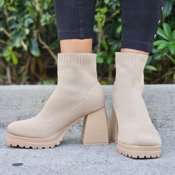 Women's Chunky Block Heel Sock Boots Nude Color - Picture 3 of 6